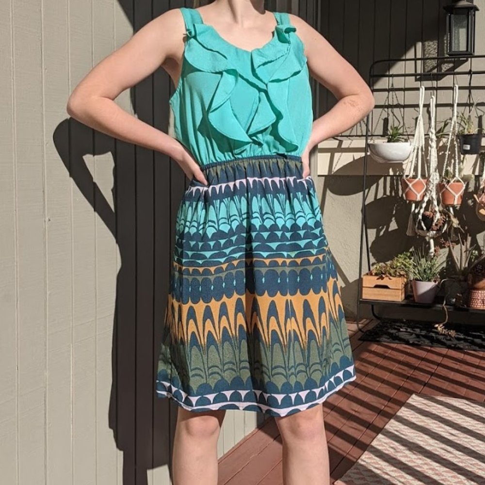 Mossimo Teal Printed Ruffled Day Dress, Sz. XS